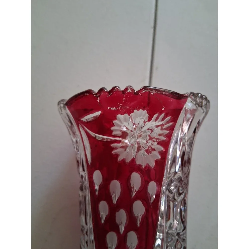 Vintage Ruby Red Cut to Clear Crystal Vase Floral Scalloped Rim Bohemian 6 inch